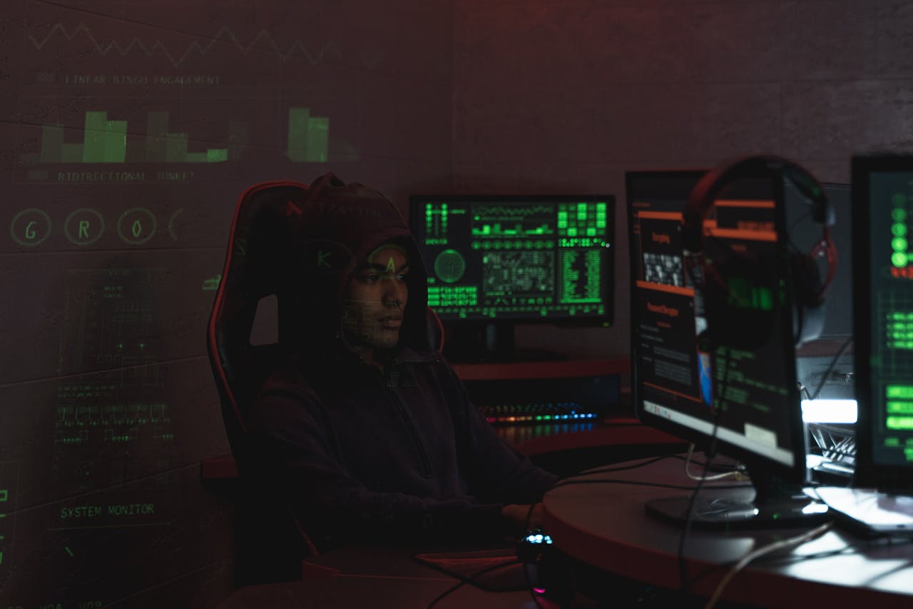 Offerings A man in a black hoodie engaged in cybersecurity work using multiple monitors indoors.